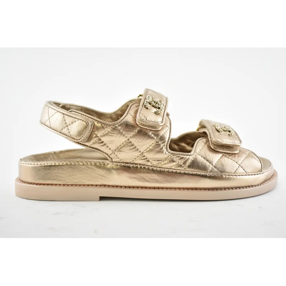 Chanel 21C Bronze Quilted Chain CC Logo Mule Slide Strap Flat Teva Dad Sandal 37 - Picture 2 of 12